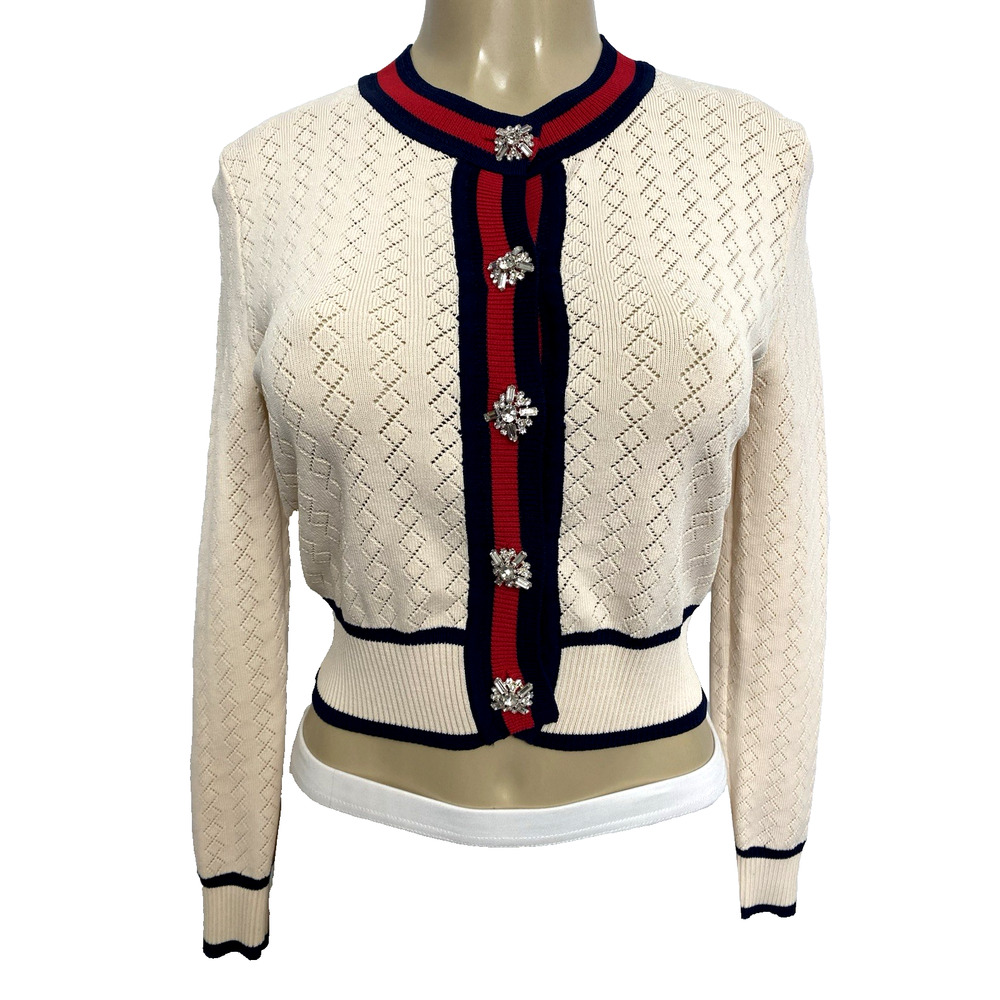 Sweater Cardigan Crop Cotton Cream Navy Red Trim Long Sleeve Embellish Button S
